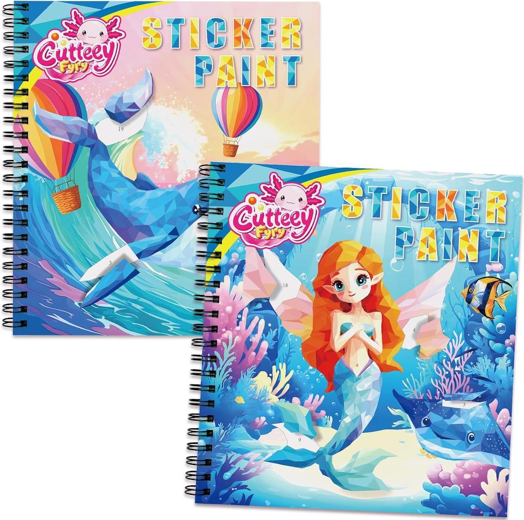 2PCS Paint by Number Sticker Book Travel Activities Essentials for Girls Kids Boys Ages 4-10 Road Trip & Airplane Toys & Long Car Rides, Birthday Present, Preschool Classroom Party Gifts (Mermaid,sea Animals)
