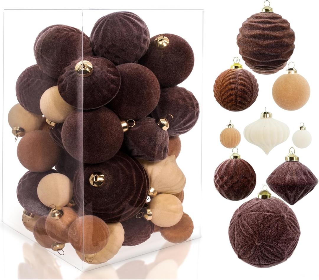 42PCS Velvet Christmas Ball Ornaments, Flocked Vintage Rustic Farmhouse Baubles in Assorted Sizes for Xmas Tree Decorations, Hanging Ornaments for Home, Party & Wedding Dcor (Brown, Beige, White)