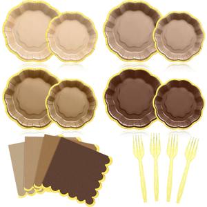 FoldTier 192 Pcs Brown Gold Disposable Party Plate Set for 24/48 Guests 9" & 7" Scalloped Paper Plate Cocktail Napkin Plastic Forks for Birthday Farmhouse Wedding Baby Shower Tea Party, Brown plate: about 7 inch and 9 inch