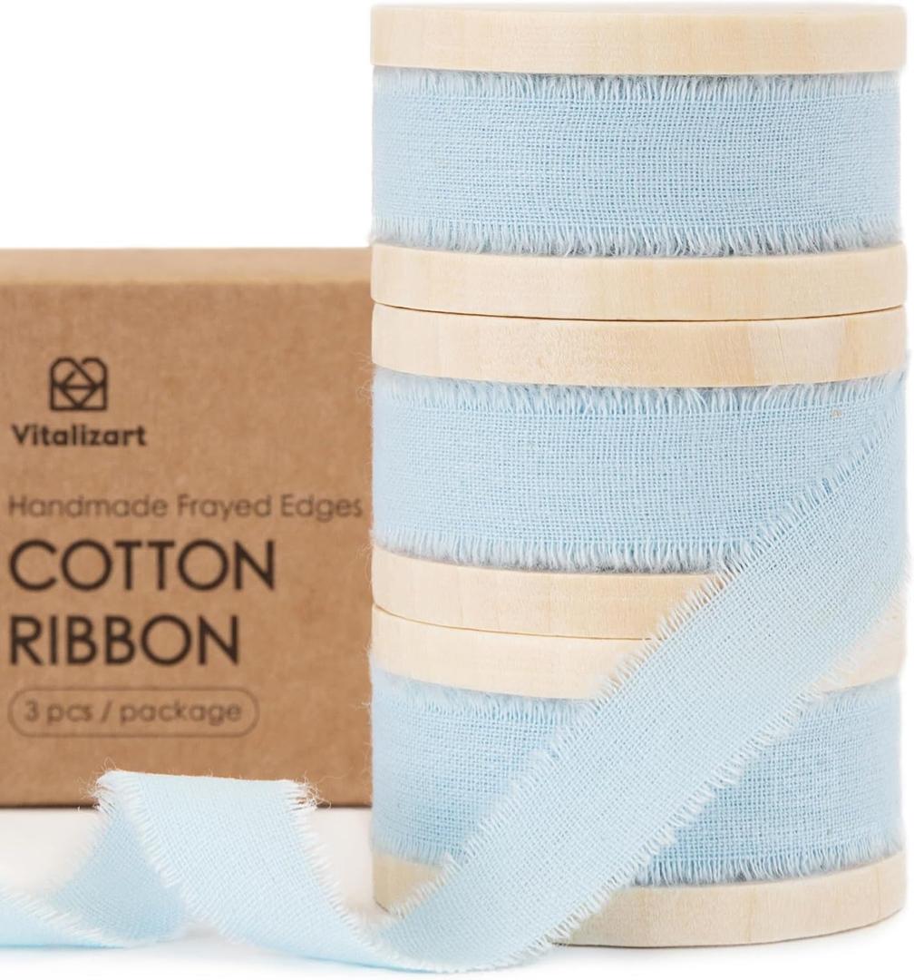 Vitalizart Baby Blue Cotton Ribbon Handmade Fringe 5/8" x 21 Yd Pure Natural Cotton Ribbons for Gift Wrapping Wedding Invites Bridal Shower Bouquets Holiday Decor