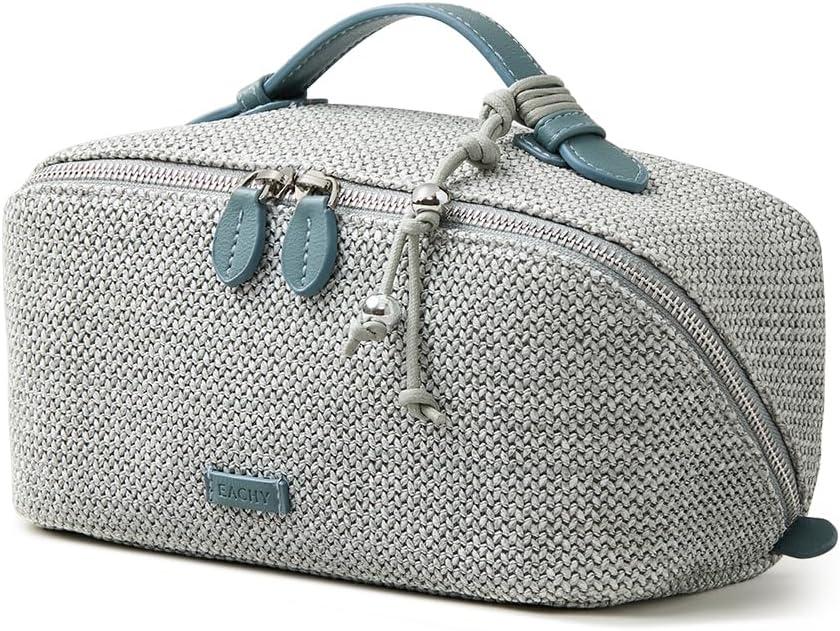 EACHY Makeup Bag, Woven Travel Toiletry Bag, Portable 180 Wide-Open Flat Cosmetic Bags for Women, Large Capacity Makeup Pouch with Divider and Handle
