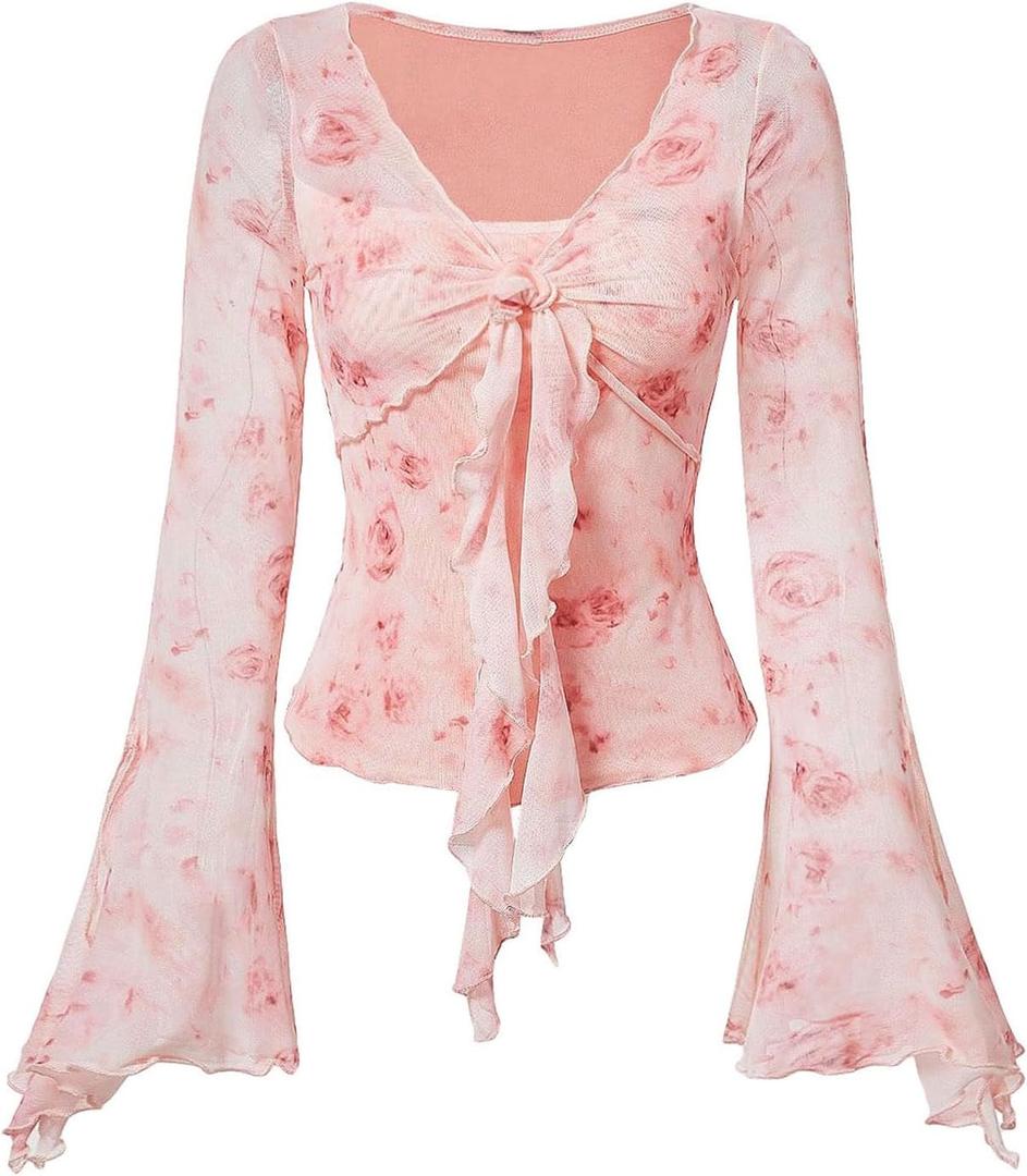 Verdusa Women's Y2K Cute Bell Sleeve Tops Floral Print Mesh Summer Long Sleeve Going Out Tops 2000s Clothing (Pink), S