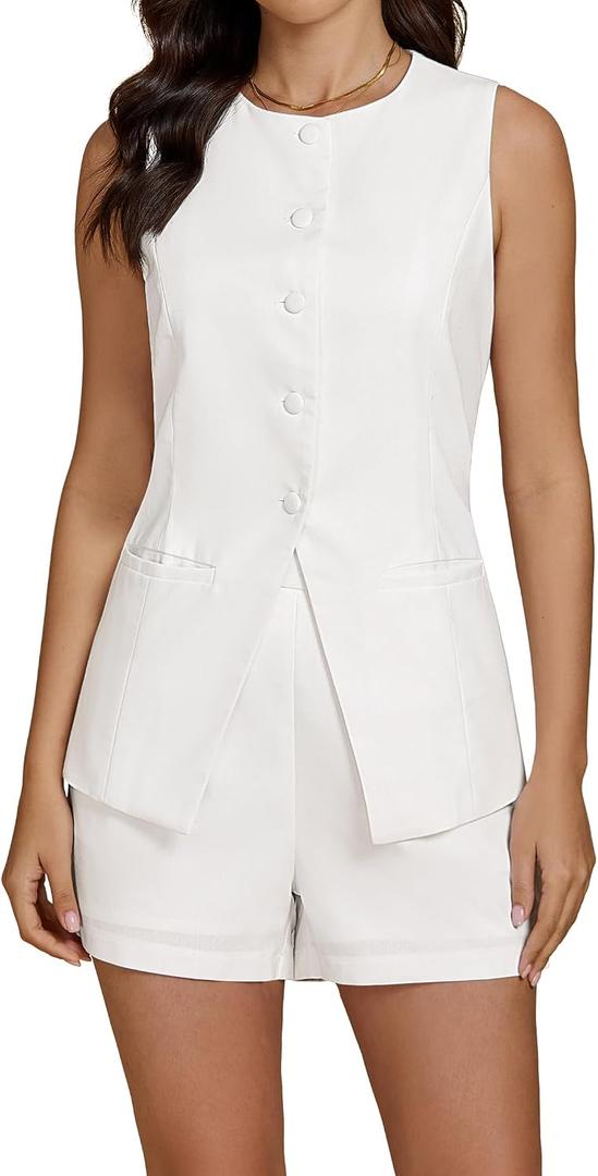 luvamia Linen Sets for Women 2 Piece Outfits Summer Shorts Button Down Vest Dressy Causal Vacation Comfy Matching Set (White, M)