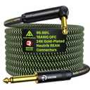 Pro Bass Guitar Cable 10ft Right Angle, Gold-Plated Neutrik REAN Connector, 99.99% 18AWG OFC, Kevlar-Reinforced 1/4 Inch Instrument Cable for Fender Combo Amp Rumble Frontman Mustang Marshall Spark