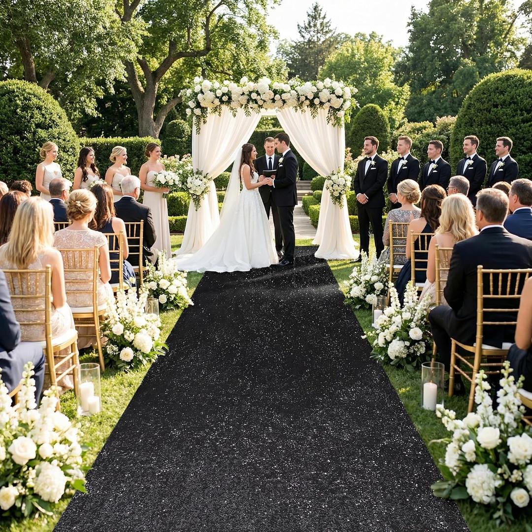 Wedding Aisle Runner: 4FT15FT Sequin Fabric - Black Sparkly Carpet Runner for Helloween Bachelor Party Outdoor Grass Floor Indoor Rug Runner Hallway Decorations
