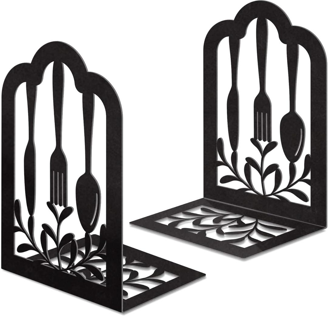 Book Ends,Metal Bookend,Bookend Decorative Heavy Book Ends for Shelves, Home Decorative Bookends for Heavy Books,Non-Skid Black Book Holder for Kitchen Housewarming Cooking Lover Gifts