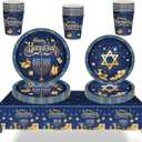 Hanukkah Tableware Set Happy Chanukah Disposable Tableware Includes 20 9" Dinner Plates 20 7" Dessert Plates 20 9 oz Cups and 1 Tablecloth for Jewish Chanukah Party Supplies(Serves 20)