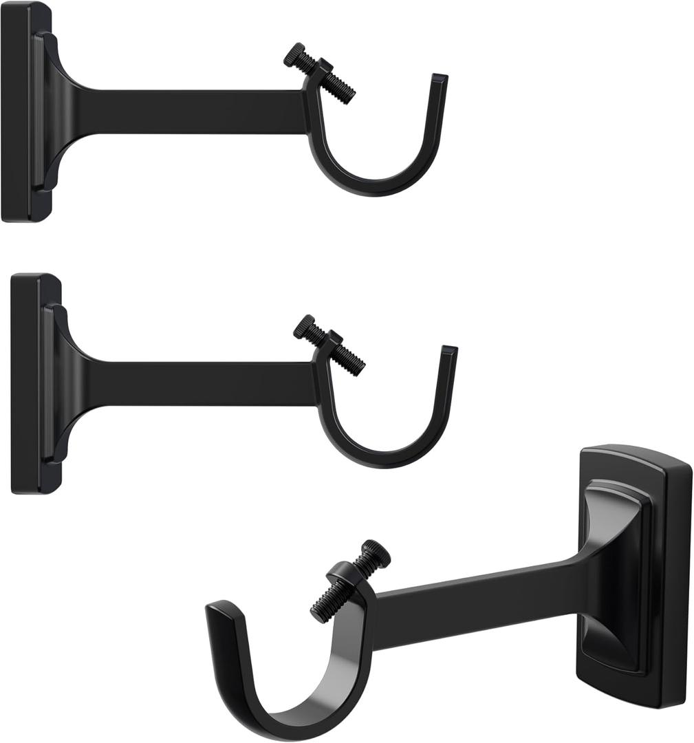 Set of 3, Curtain Rod Brackets for 3/4" or 1" Rods, Zinc Alloy Hardware Curtain Rod Holders, Wall Curtain Rod Hooks (Matte Black-Single)