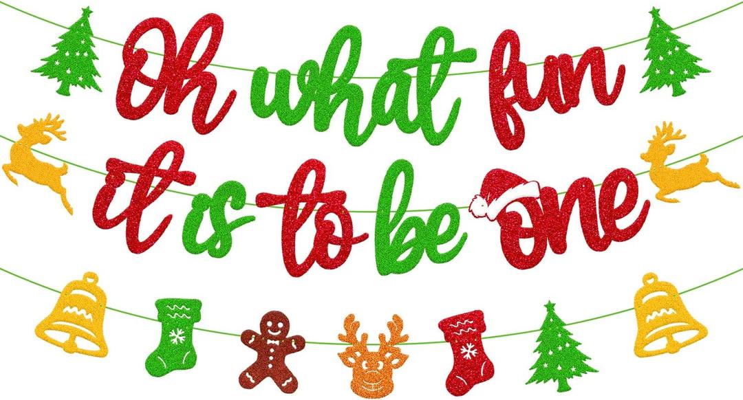 Oh What Fun It Is To Be One Banner Merry Christmas Tree Xmas Bell Deer Happy New Year Theme for Kids Boy Girl First 1ST Happy Birthday Party Red and Green Decoration