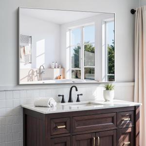 KOCUUY Silver Bathroom Mirror, 48"x36" Large Rectangle Bathroom Mirror for Wall, HD Tempered Glass, Anti-Rust Brushed Silver Frame, Modern Design for Bathroom, Bedroom, Hang Horizontal/Vertical