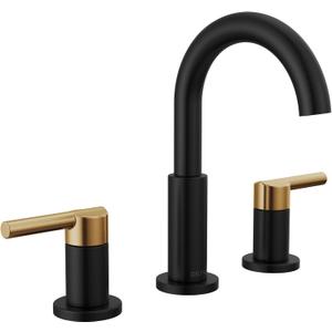 Delta Nicoli Matte Black/ Brushed Gold Faucet 3 Hole, 8 Inch Widespread Bathroom Sink Faucet for Vanity, Push-Pop Drain Assembly, Matte Black/ Champagne Bronze 35749LF-GZ