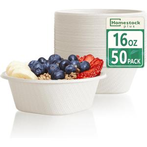 Homestockplus Disposable Bowls 16 Oz [50 Pack] - Heavy Duty Paper Bowls, Sugarcane Fiber Compostable Bowls for Ice Cream, Snacks, Desserts, Microwave Safe BPA-Free Eco Dinnerware (White)