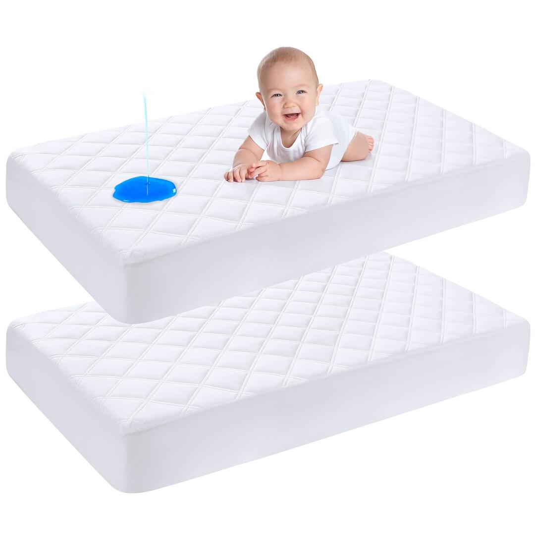 Yoofoss Waterproof Crib Mattress Protector 2 Pack, Quilted Crib Mattress Pad Cover Ultra Soft and Breathable, Machine Washable Toddler Mattress Protector for Standard Baby Crib Size 52''x28'' (Crib-28x52 Inch (Pack of 2), White (2 Pack))