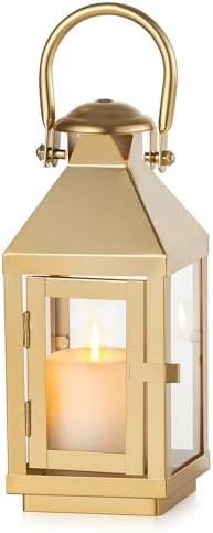 NUPTIO Gold Lanterns Decorative Indoor: 8.6 Inch Tall Metal Lantern with Glass for Pillar Candle - Fireplace Decor for Christmas Home Living Room Mantle Porch Wedding