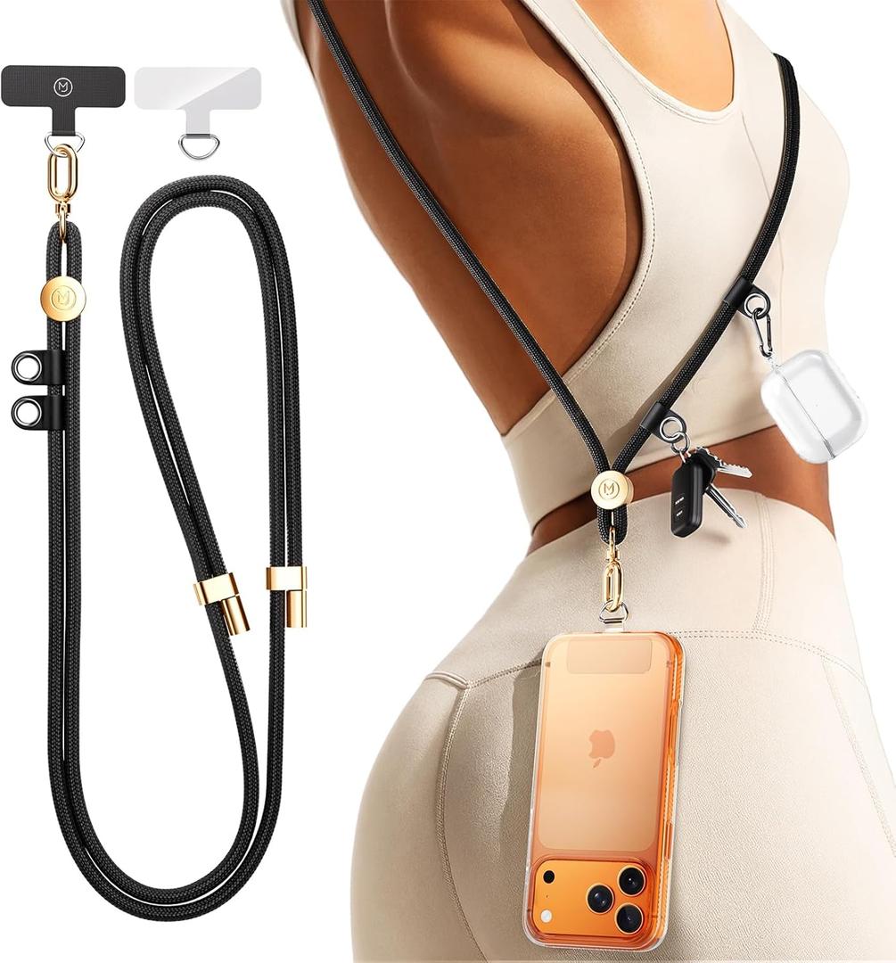 Phone Lanyard Crossbody with 2 Hanging Loops: Metal Buckle Adjustable Skin-Friendly Cell Phone Strap for iPhone Around,Hands-Free Universal Anti Theft Neck Lanyards For Outdoor,Black Gold