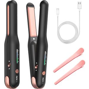 NOVUS Cordless Hair Straightener, for Fine Soft Hair/Short Hair, Portable Ceramic Hair Straightener and Curler 2 in 1, USB Rechargeable Cordless Flat Iron, Mini Size Straightener for Travel (Black)