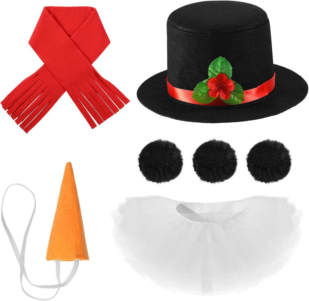 Haysandy 7 Pcs Snowman Christmas Costume Kit for Women, Snowman Hat Carrot Nose Scarf White 5 Layers Tutu Skirt 3 Balls (Kid Size, Cute)