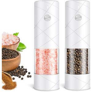 Electric Salt and Pepper Grinder Set, Rechargeable Automatic Pepper Mill Grinder with LED Light, House Warming Gifts New Home, One-Hand Operation for Kitchen Appliances(2 Pack Upgrade White)