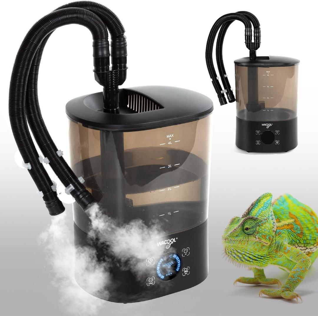 WACOOL Upgraded Digital Timing Reptile Fogger, 4L No Leak Reptile Humidifier with 2 Hose, Top Filling Automatic Terrarium Humidifier Fogger for Reptile Use