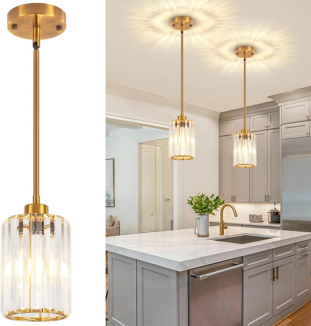 2 Pack Brushed Gold Pendant Lights Kitchen Island, Modern Crystal Kitchen Pendant Lighting Over Island Dining Room Light Fixtures Adjustable Hanging Pendant Light for Bathroom Hallway Foyer Bedroom