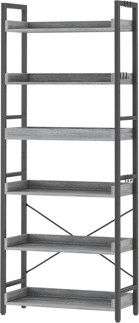HCHQHS 6 Tier Bookshelf, Adjustable Industrial Bookcase, Vertical Tall Book Shelf, Wood and Black Metal Open Bookshelves for Home Office, Living Room, Bedroom