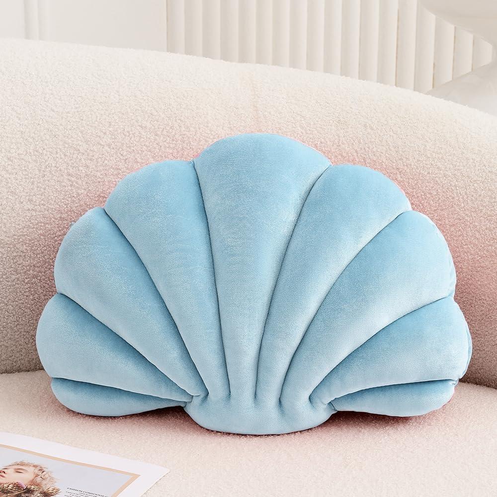 Seashell Decorative Pillow Shell Shaped Throw Pillow 3D Insert Beach Pillow Soft Velvet Pillow Sea Ocean Decoration Couch Bed Pillow Cushions (Blue,14 X 11 inch)