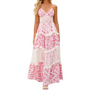 ABYOVRT Women Floral Maxi Dress Spaghetti Straps V Neck Patchwork Flowy Boho Sundress Tiered Long Dresses (Pink, M)