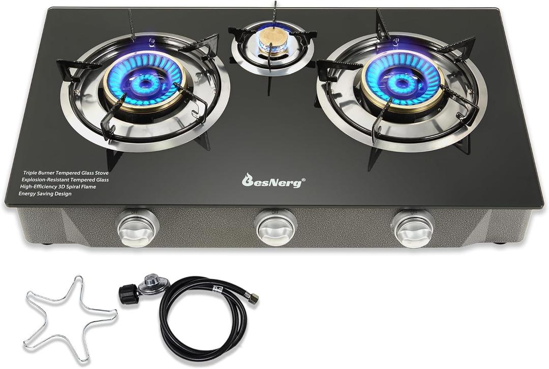 Propane Stove 3 Burner Gas Stove 32000 BTU Auto Ignition Tempered Glass LPG Cooktop with CSA Hose for Outdoor Cooking, Emergency