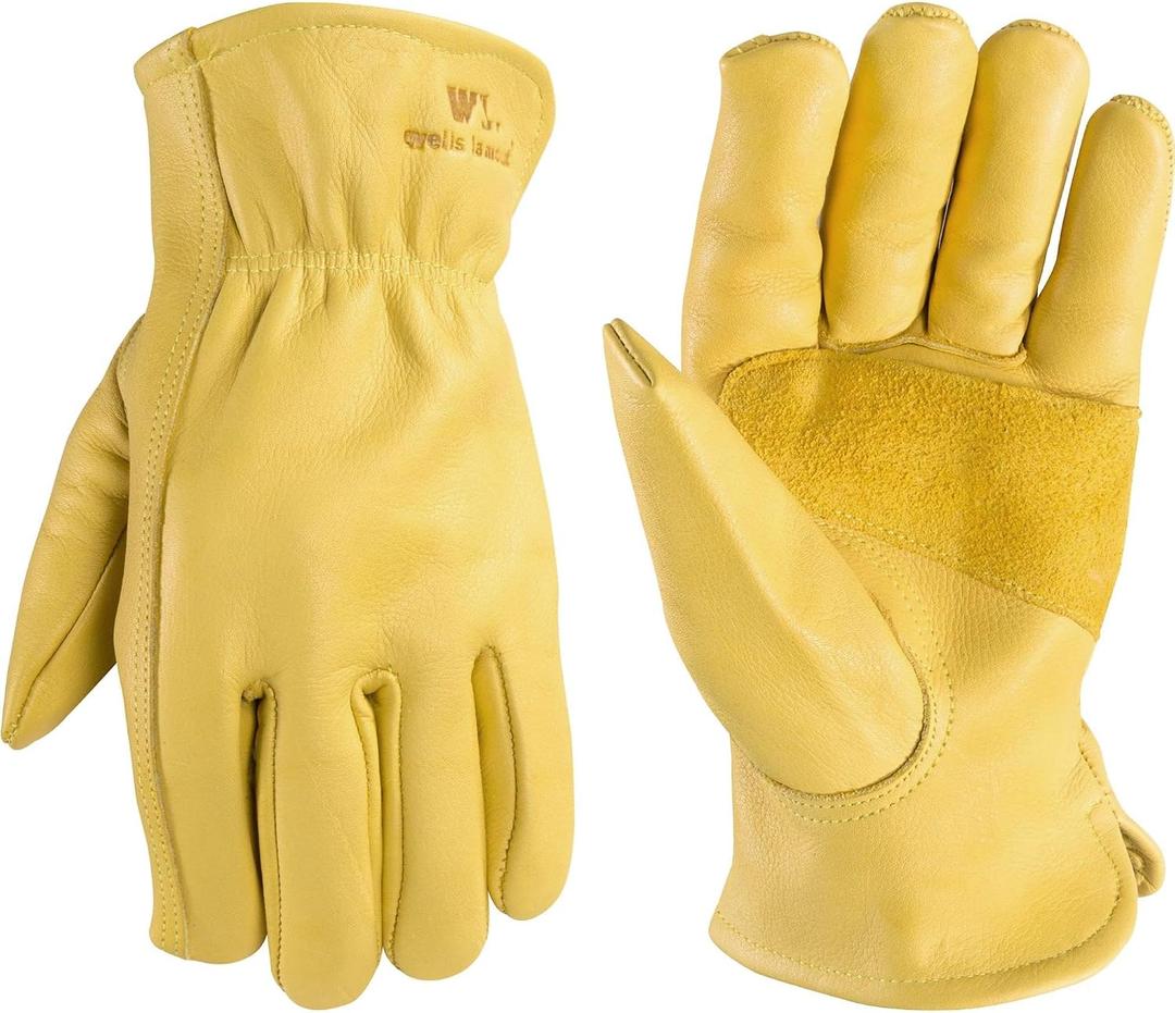 Wells Lamont Leather Work Gloves for Men Grain Cowhide, Reinforced Palm Ideal for Construction, Farming, Ranching Ergonomic Fit, Keystone Thumb, Elasticized Wrist Saddletan, Large (1129L)