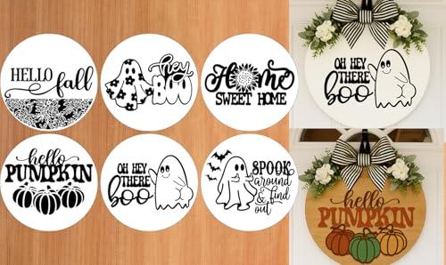 Rustic Round Wreath Sign Stencil, Seasonal Festival Welcome Door Sign, Reusable Fall&Halloween Stencils for Painting on Wood - Sweet Home/Hello Fall/Pumpkin/Ghost Patterns for Porch DIY Decorations