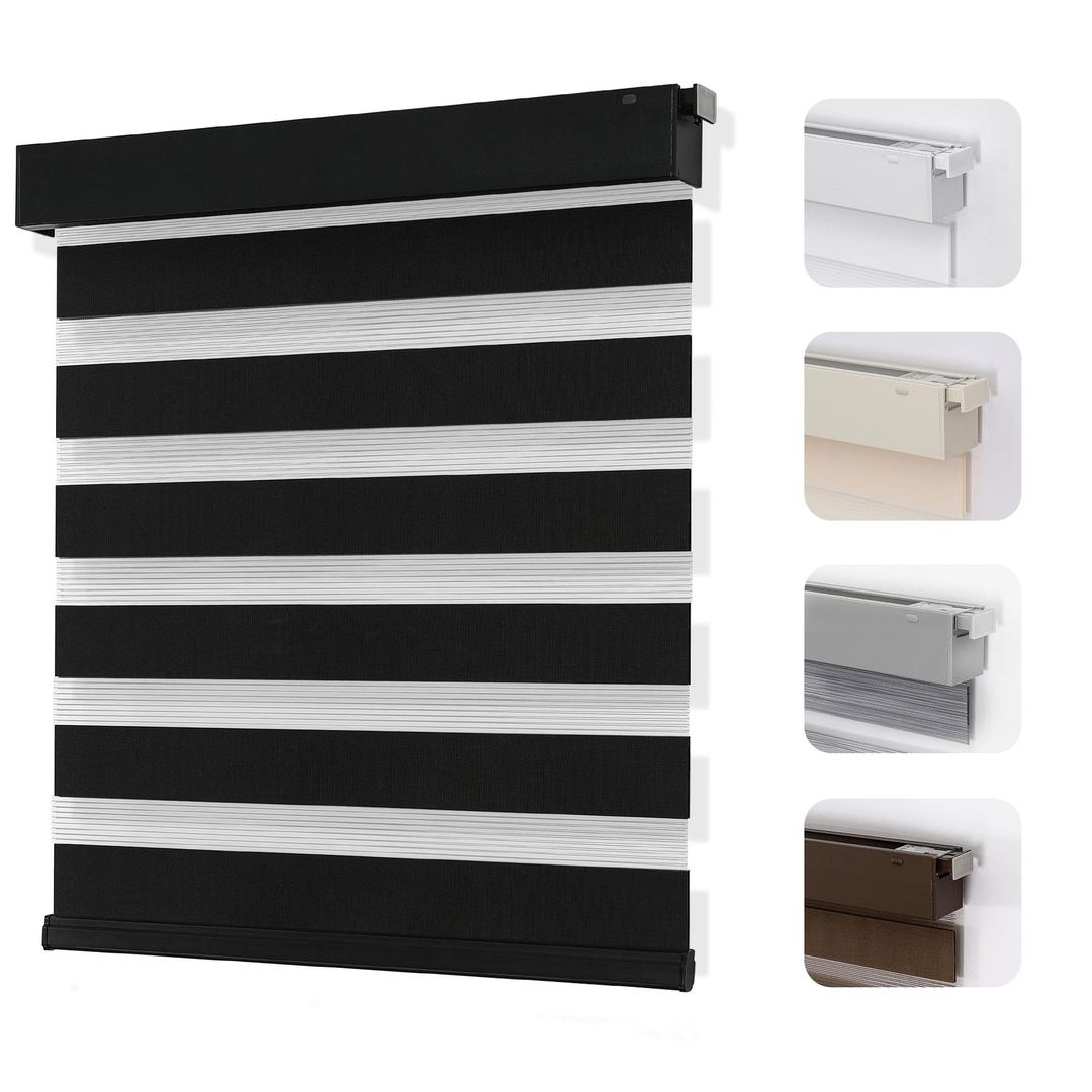 Joydeco No Drill Zebra Blinds for Windows, Cordless Day & Night Dual Sheer Roller Shades, Easy Installation, Free-Stop Lift System, Light Filtering Privacy Blinds for Home(Black,22" W x 75" H)
