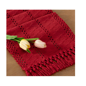 Socomi Boho Table Runner Macrame Valentine's Day Farmhouse Woven Cotton Linen Rustic Coffee Table Runner with Tassels for Dresser Scarf Home Decor Dining Room 12x90 in Red