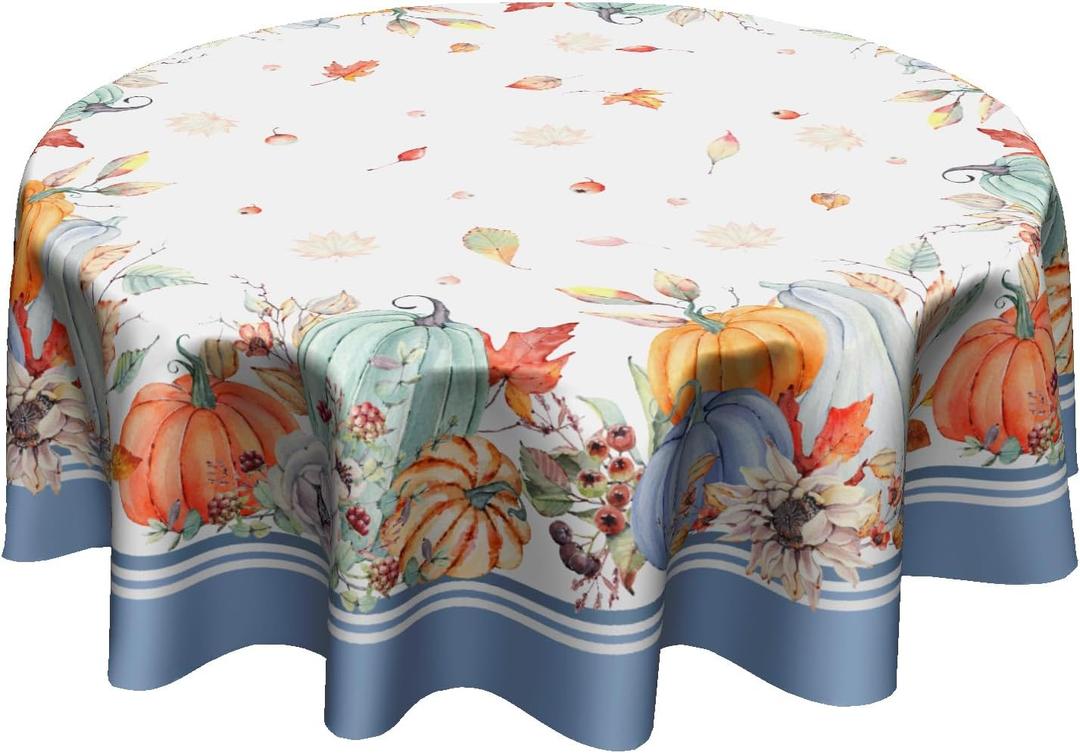 Blue Pumpkin Fall/Autumn Tablecloth Fall Leaf Round Tablecloth 60 Inch Thanksgiving Harvest Table Cloth for Farmhouse Kitchen Decor Polyester Fabric Autumn Table Cover for Party Outdoor Camping