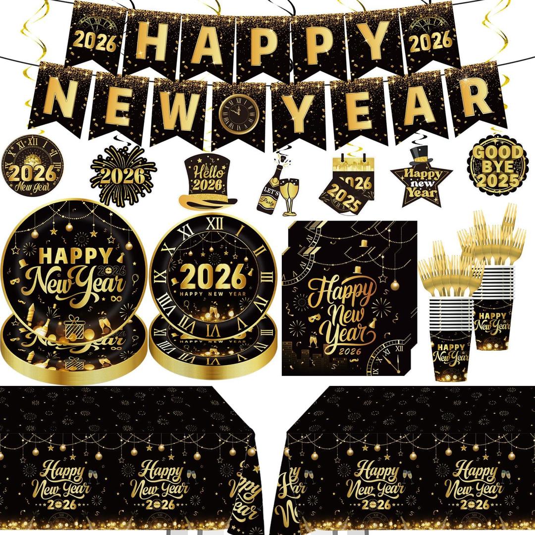 110pcs New Years Eve Party Supplies Decorations 2026 Tableware Set for 20 Guest Include Happy New Year Banner,Paper Plates of 2 Size,Paper Napkins and Cups,Plastic Forks and Tablecloth,Hanging Swirls