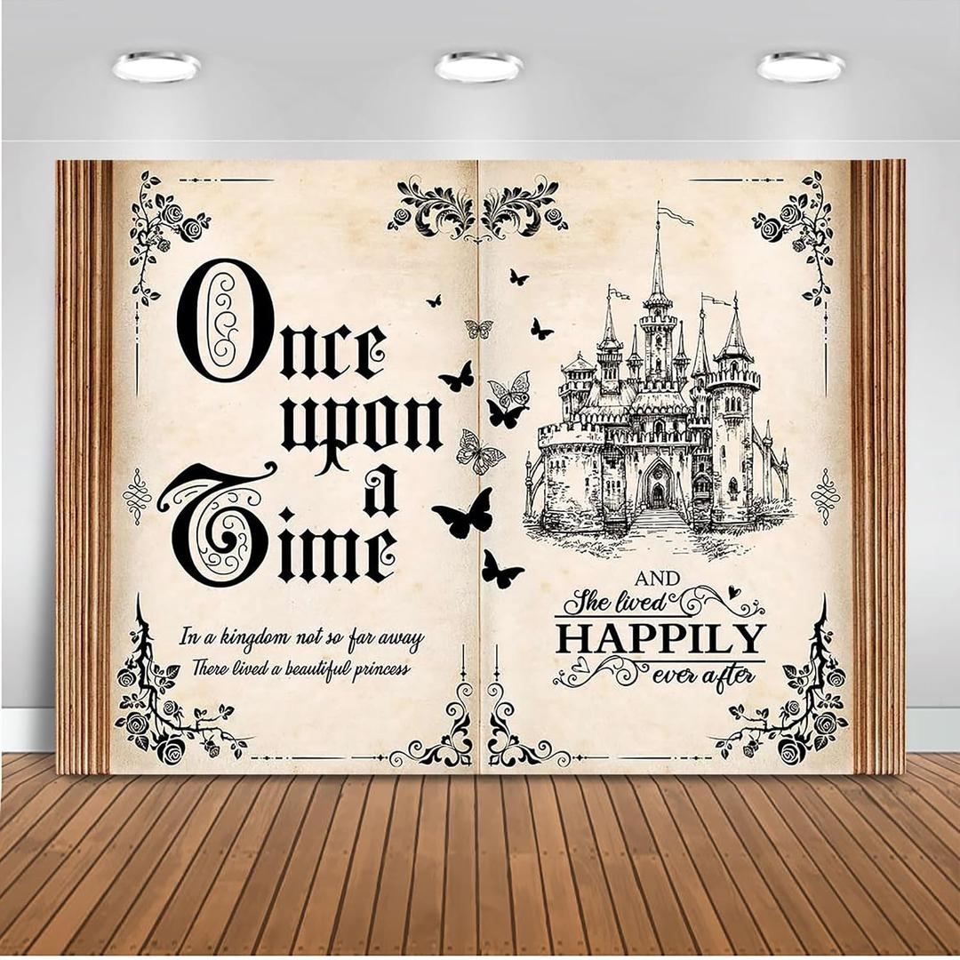 Mocsicka Once Upon a Time Backdrop Fairy Tale Book Castle Princess Fairytale Romantic Wedding Birthday Party Decorations Magic Book Background Banner Props (10x8ft)