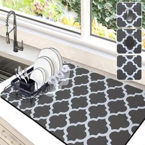 Dish Drying Mat for Kitchen Counter, 16"x24" Dish Drying Pad with Non-slip Rubber Backed, Hide Stain Anti Absorbent for Kitchen Counter, Drying Mat for Coffee Machine Dish Rack (Gray Trellis)