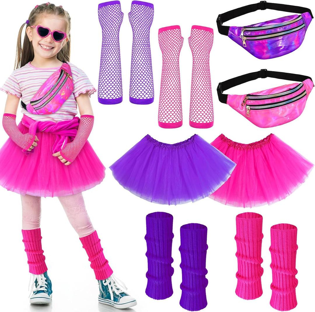 Toulite 8 Pcs Halloween Kid 80s Costume Accessories Set Neon Leg Warmers Socks Fanny Tutu Skirts (Rose Red and Purple)