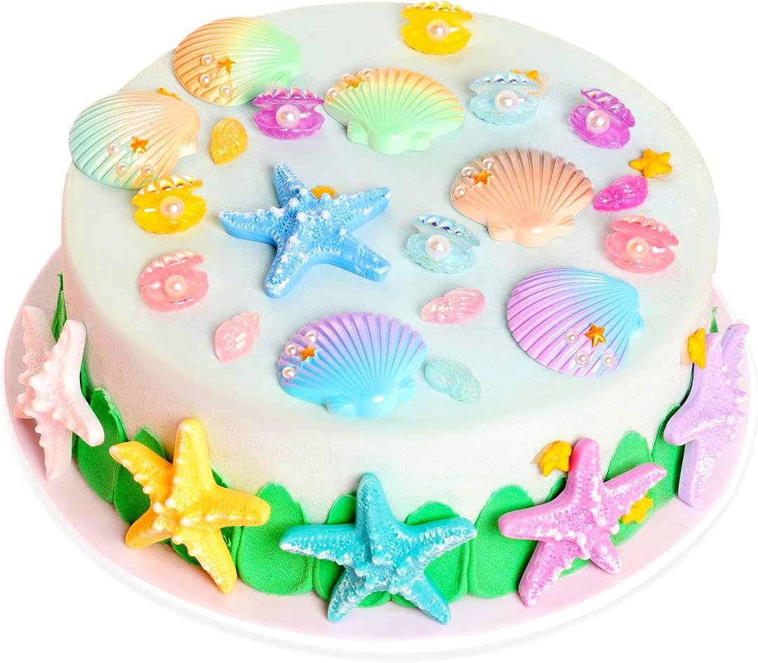 30Pcs Seashells Starfishes Conches Cake Toppers Decorations Pearl Sea Shell Sea Creature Beach Cake Decor Seashells Under the Sea Beach Theme Cake Ornaments for Birthday Party Inedible