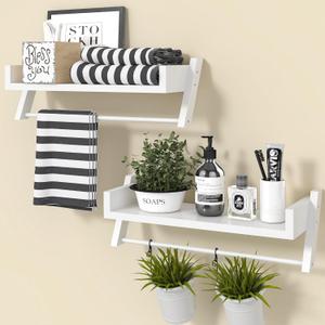 Sumbame Set of 2 Bathroom Shelves Over Toilet, U-Shaped Hanging Shelves for Wall with Towel Bar, 16 Inch Storage Room Shelves, Farmhouse Wooden Shelf for Bathroom, Kitchen, Living Room, Bedroom (White)