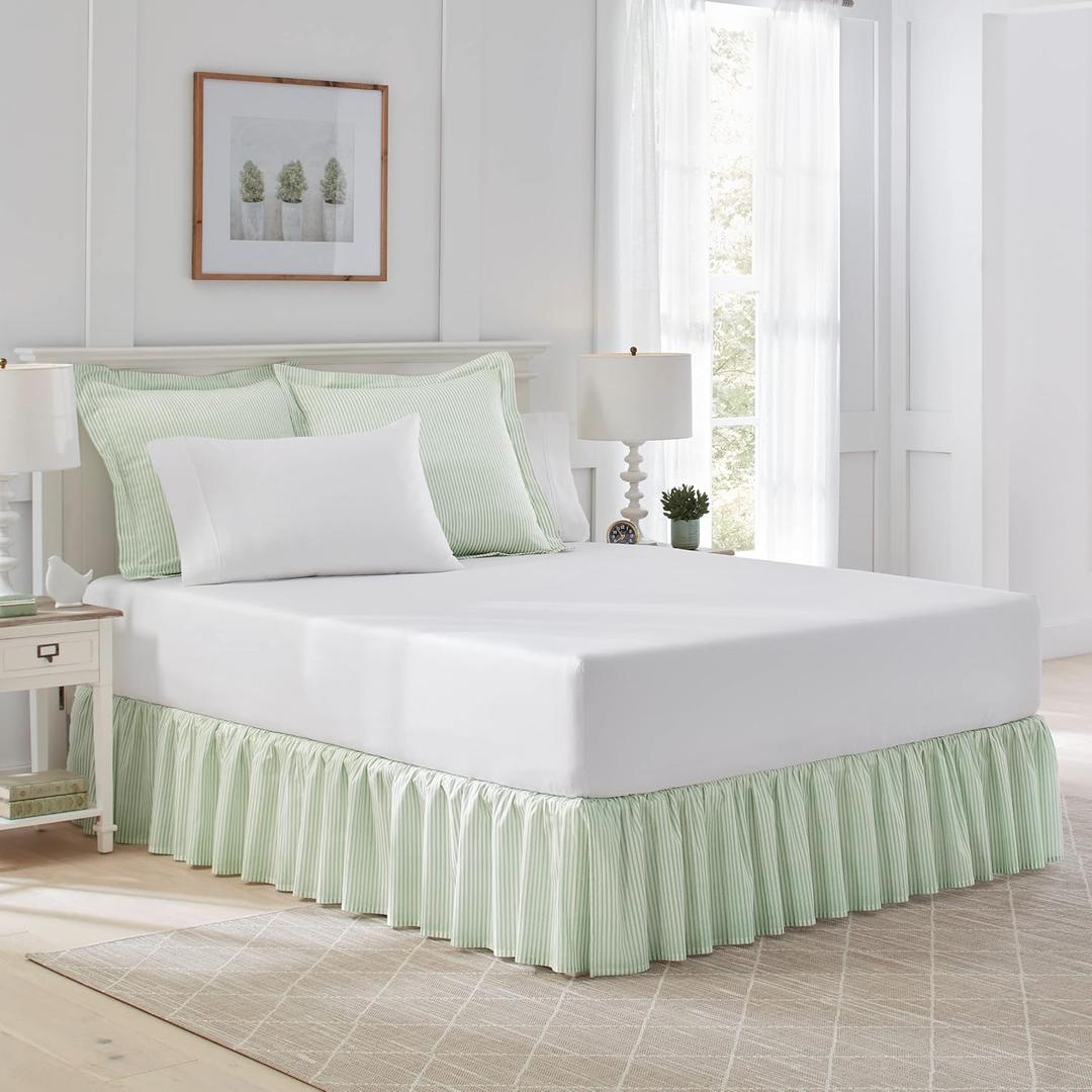 Laura Ashley Home - Cotton Ruffled Bedskirt, Lightweight & Classic Style (Ticking Stripe Green, Queen)