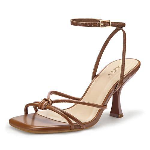 PARTY Women's Square Open Toe Strappy Heeled Sandals 3 inch Stiletto Kitten Heel with Ankle Buckle Strap, Comfortable Slingback Summer Dress Shoes,Brown Pu,8,S1