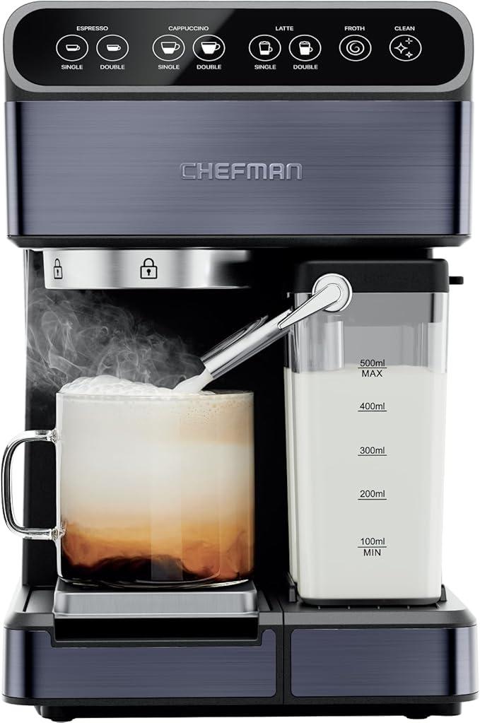 Chefman CafMaster Pro Espresso Machine, Brew Single or Double Shots, Coffee Maker with Built-In Milk Frother for Cappuccino & Latte, XL 1.8 Liter Removable Water Reservoir - Stainless Steel