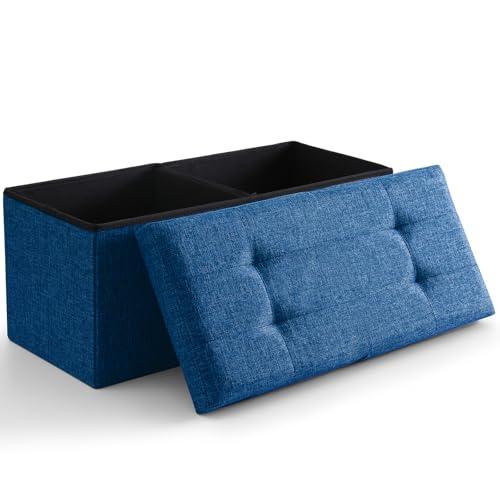 CUYOCA Storage Ottoman Bench Foldable Seat Footrest Shoe Bench End of Bed Storage with Flipping Lid, 75L Storage Space, 30 inches Linen Fabric Dark Blue