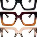 REAVEE 3 Pack Oversized Reading Glasses for Women Large Frame Extra Wide, Blue Light Blocking Stylish Thick Square Readers