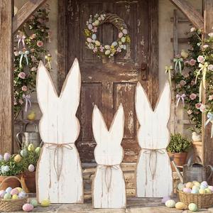 GlikCeil 3 Pcs Easter Bunny Decor for Porch Easter Wooden Porch Sign Farmhouse Freestanding Rabbit with Ribbon for Outdoor Front Door Yard Garden