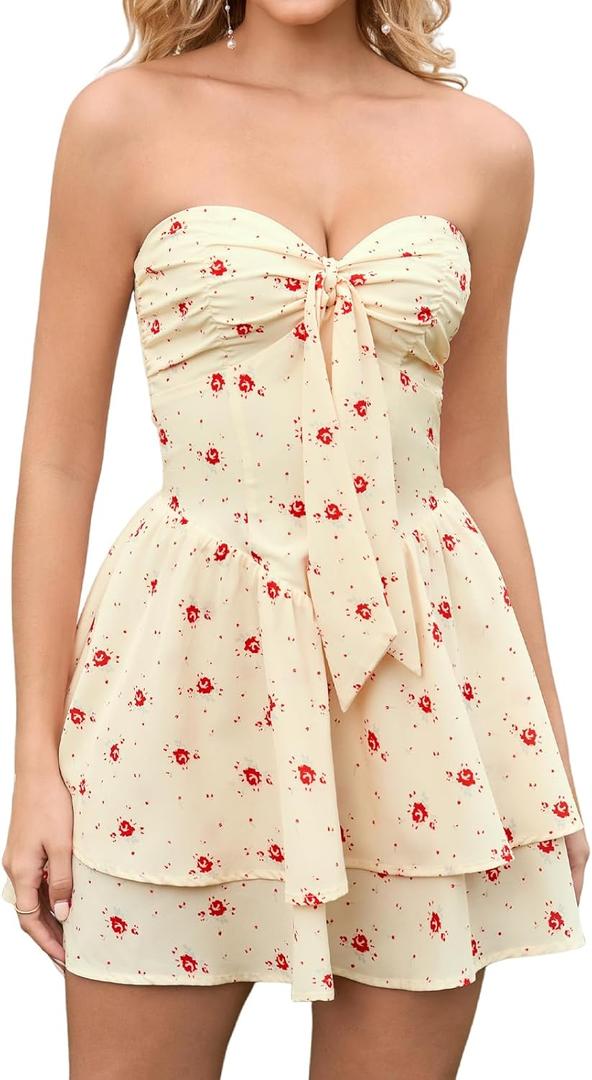 XinFSh Women's Summer Floral Strapless Tube Mini Dress Flowy A Line Tie Front Ruffle Beach Vacation Short Boho Sundress (Beige, S)