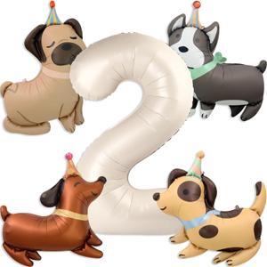Animal Dog Balloons Puppy Balloon 40 Inch Cream White Number 2 Balloons for Dog 2nd Birthday Decorations Dogs Birthday Party Supplies