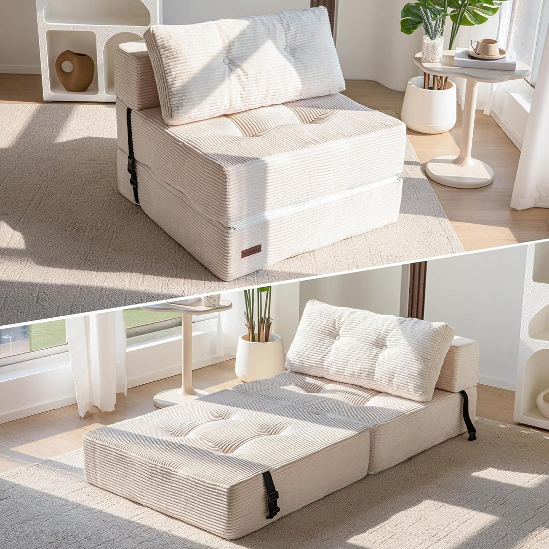 MAXYOYO Folding Sofa Bed, Convertible Sofa Bed with High-Density Support Foam, Portable 4 in 1 Fold Out Chair to Floor Lounger, Versatile Floor Couch for Living Room Bedroom, Beige, Large