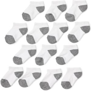 Amazon Essentials Unisex Toddlers' Cotton Low Cut Cushioned Socks for Boys Girls Toddlers, 14 Pairs (White/ Grey, 4-5T)