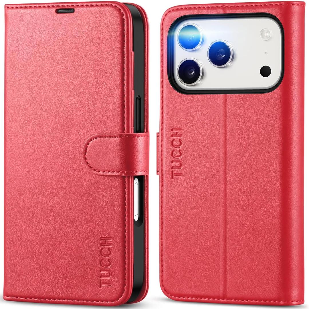 TUCCH Wallet Case for iPhone 17 Pro (6.3-Inch) 2025, RFID Blocking 4 Card Slots | Kickstand | Magnetic Closure | PU Leather | Shockproof TPU Shell | Protective Flip Folio Cover | Red